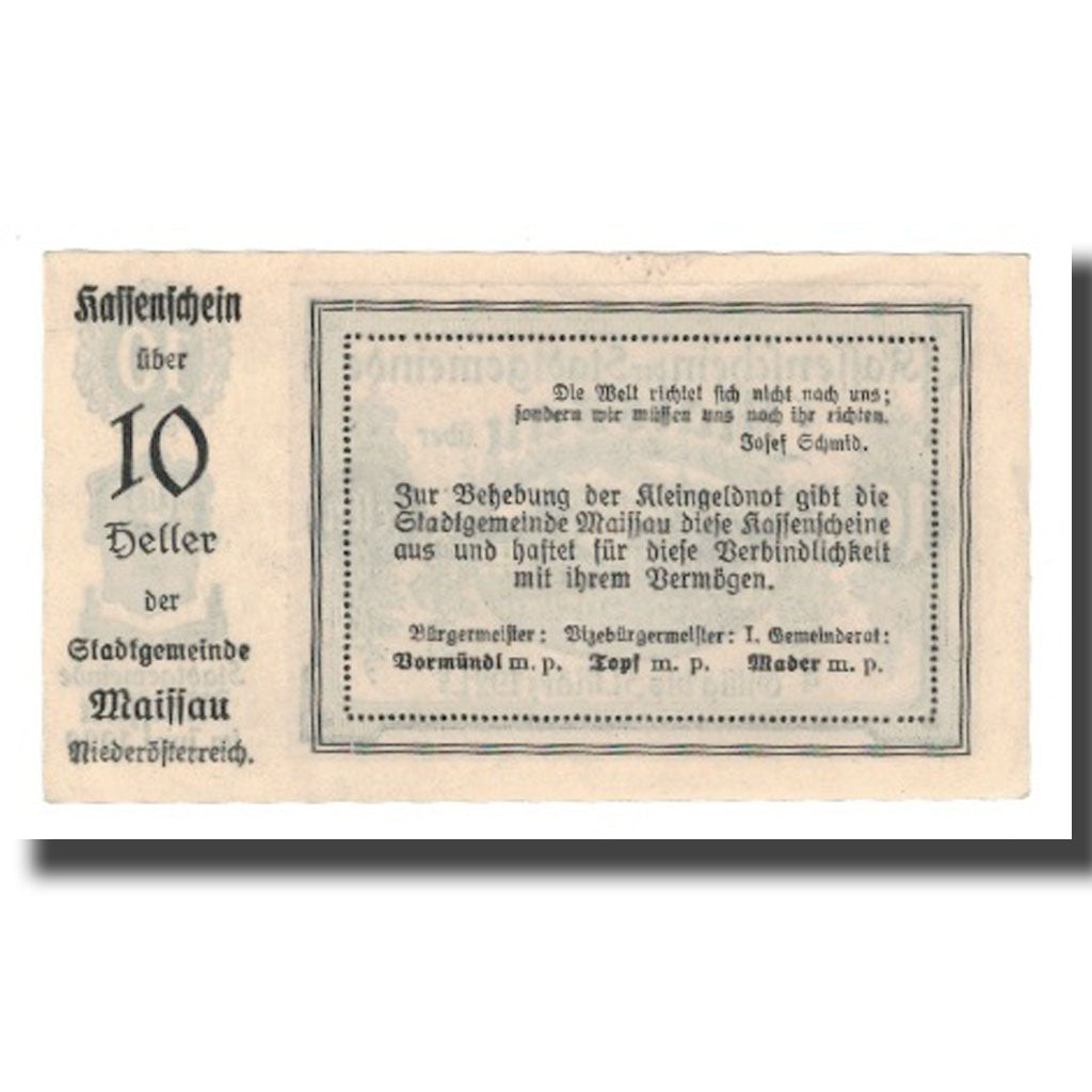 Banknote, Austria, Maissau N.Ö. Stadtgemeinde, 10 Heller, texte 1, 1921