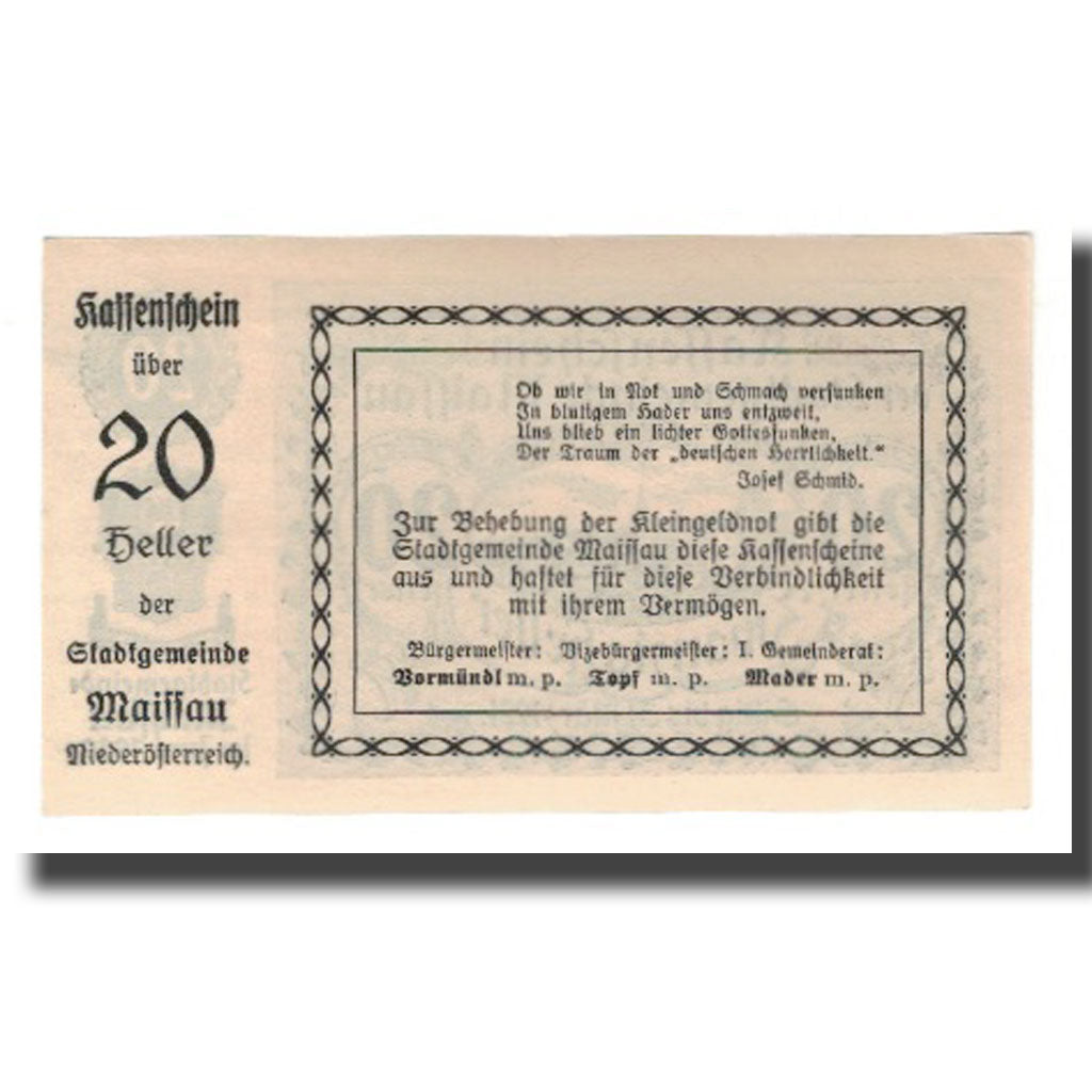 Geldschein, Österreich, Maissau N.Ö. Stadtgemeinde, 20 Heller, Texte 2, 1921