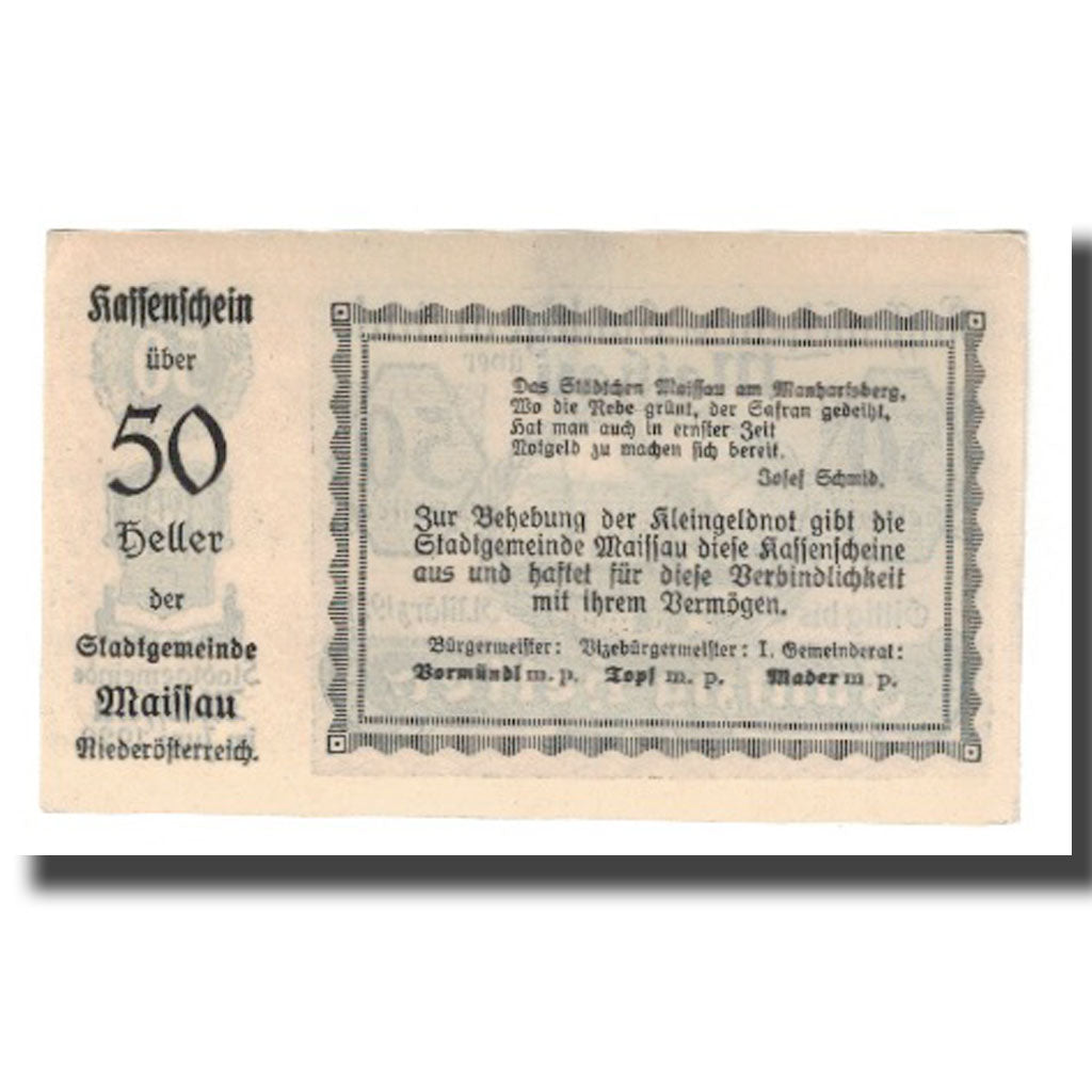 Billet, Autriche, Maissau N.Ö. Stadtgemeinde, 50 Heller, Texte 3, 1921