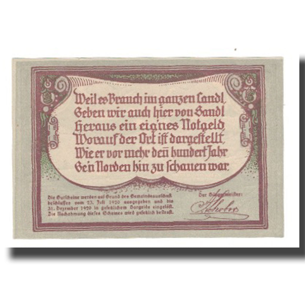 Nota, Áustria, Sandl O.Ö. Gemeinde, 30 Heller, texte 1, 1920, 1920-12-31
