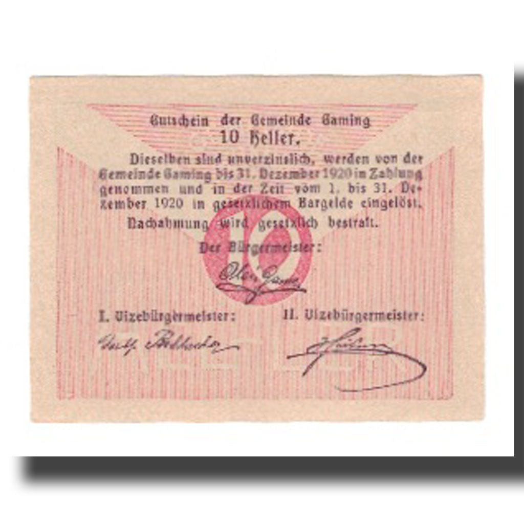 Banknote, Austria, Gaming N.Ö. Gemeinde, 10 Heller, Texte, 1920, 1920-12-31