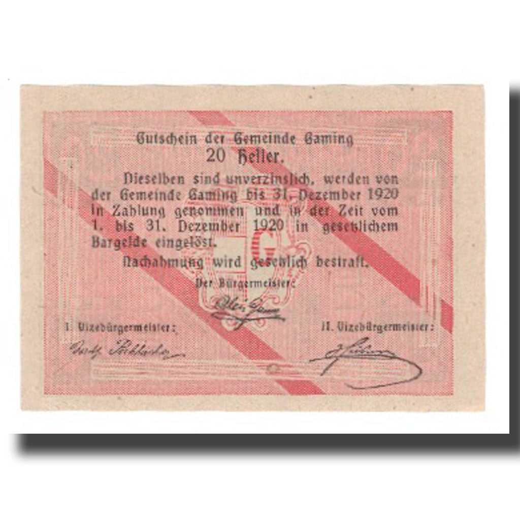 Banknote, Austria, Gaming N.Ö. Gemeinde, 20 Heller, texte 1, 1920, 1920-12-31