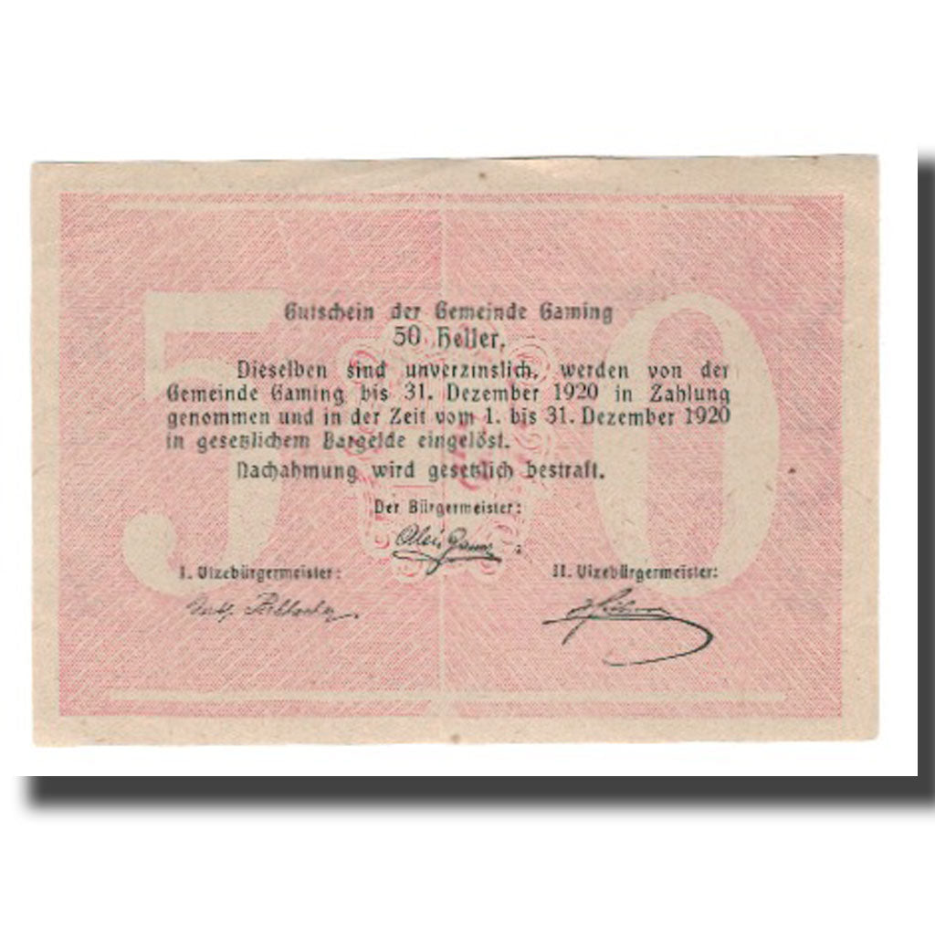 Banknote, Austria, Gaming N.Ö. Gemeinde, 50 Heller, Texte 2, 1920, 1920-12-31