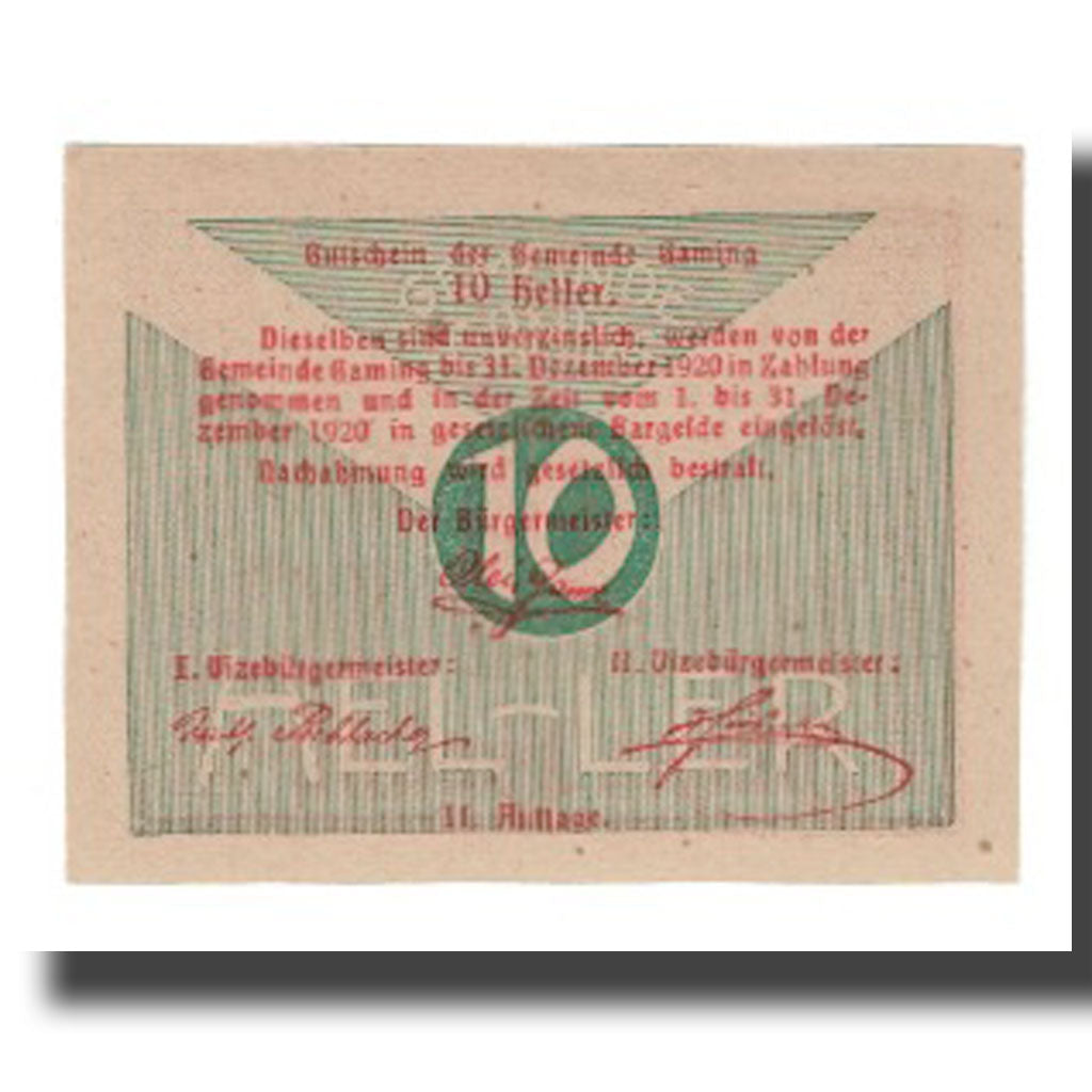 Banknote, Austria, Gaming N.Ö. Gemeinde, 10 Heller, Texte 3, 1920, 1920-12-31