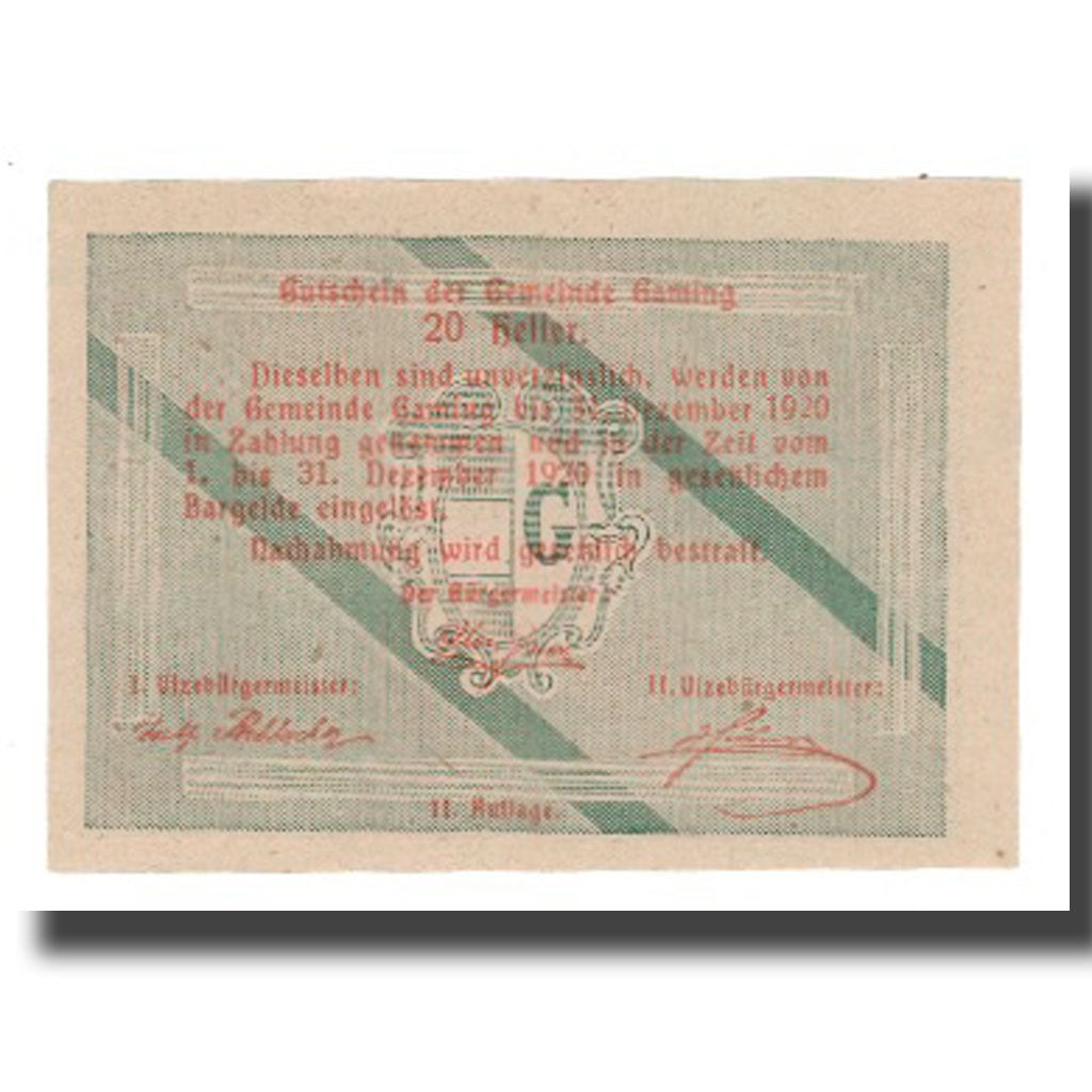 Banknote, Austria, Gaming N.Ö. Gemeinde, 20 Heller, Texte 4, 1920, 1920-12-31