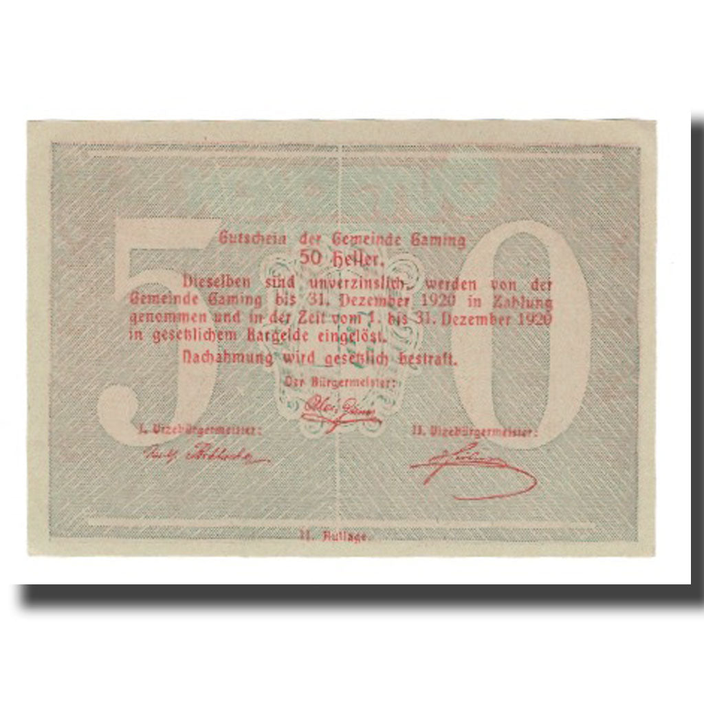 Banknote, Austria, Gaming N.Ö. Gemeinde, 50 Heller, Texte  5, 1920, 1920-12-31