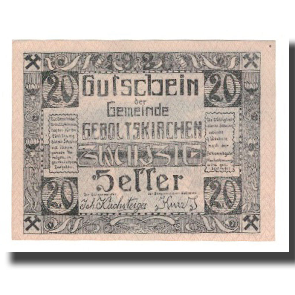 Billete, Austria, Geboltskirchen O.Ö. Gemeinde, 20 Heller, personnage, 1920