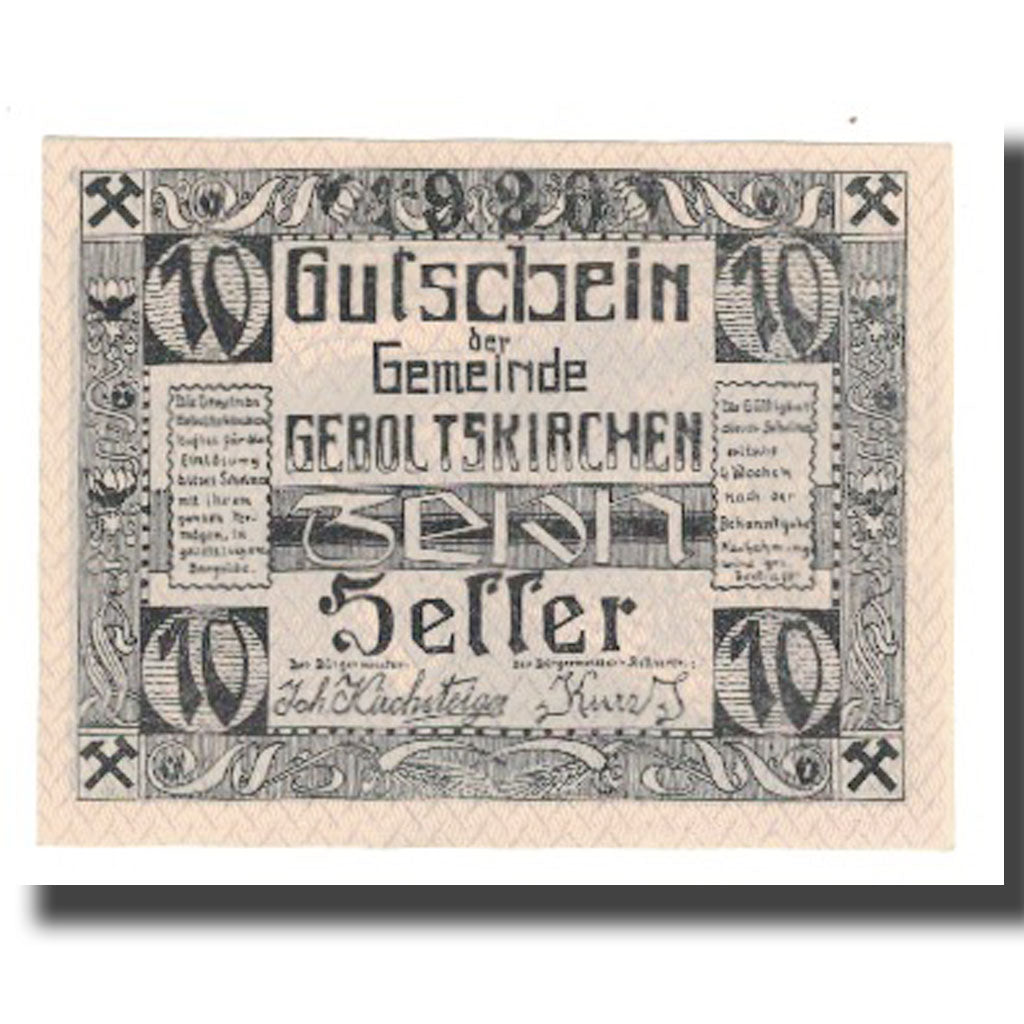 Billete, Austria, Geboltskirchen O.Ö. Gemeinde, 10 Heller, personnage 1, 1920
