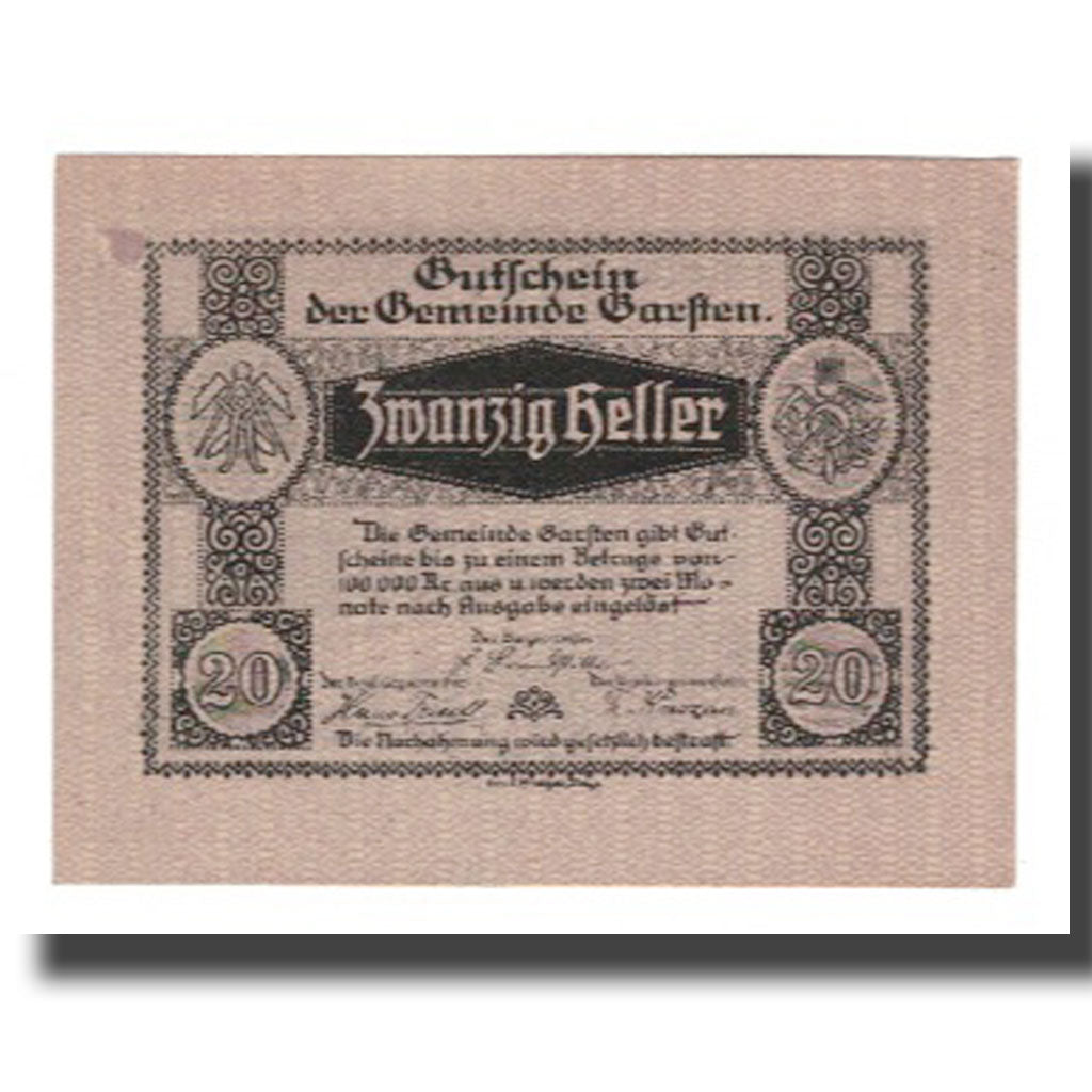 Nota, Áustria, Garsten O.Ö. Gemeinde, 20 Heller, paysage 1, UNC(65-70)