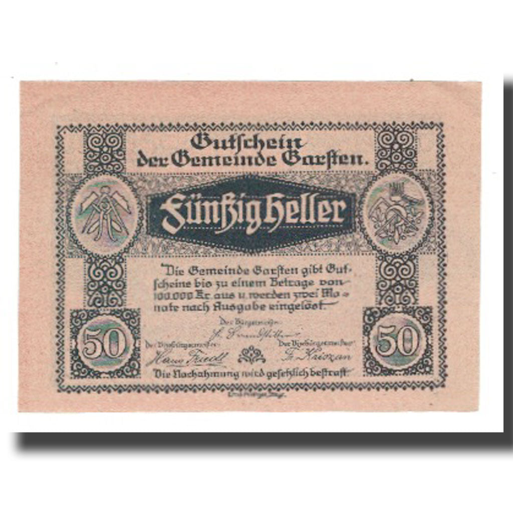 Billete, Austria, Garsten O.Ö. Gemeinde, 50 Heller, paysage 2, UNC, Mehl:FS 224