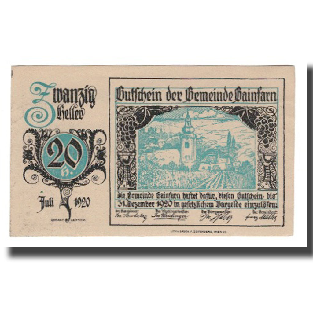 Banknote, Austria, Gainfarn N.Ö. Gemeinde, 20 Heller, Blason 1, 1920