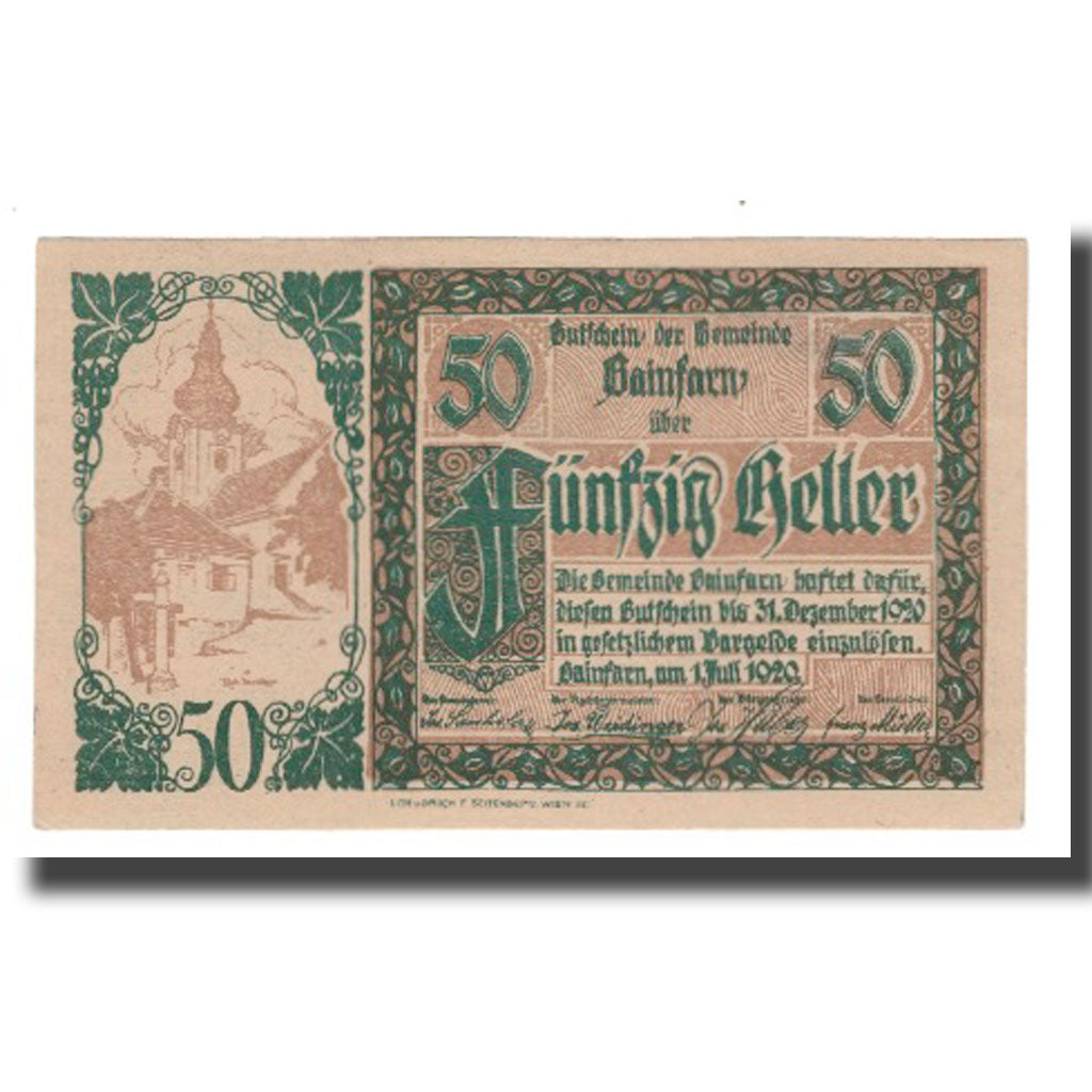 Banknote, Austria, Gainfarn N.Ö. Gemeinde, 50 Heller, Blason 2, 1920