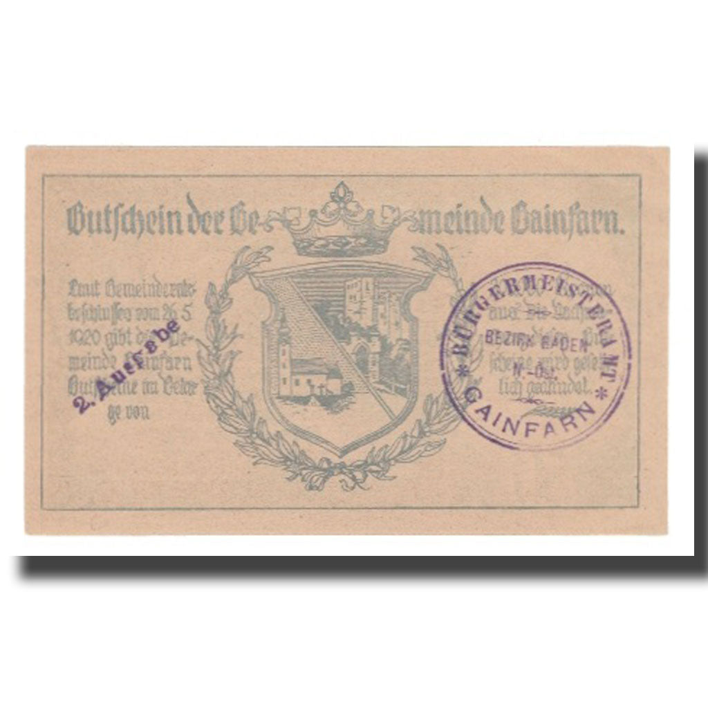 Billete, Austria, Gainfarn N.Ö. Gemeinde, 50 Heller, Blason 5, 1920