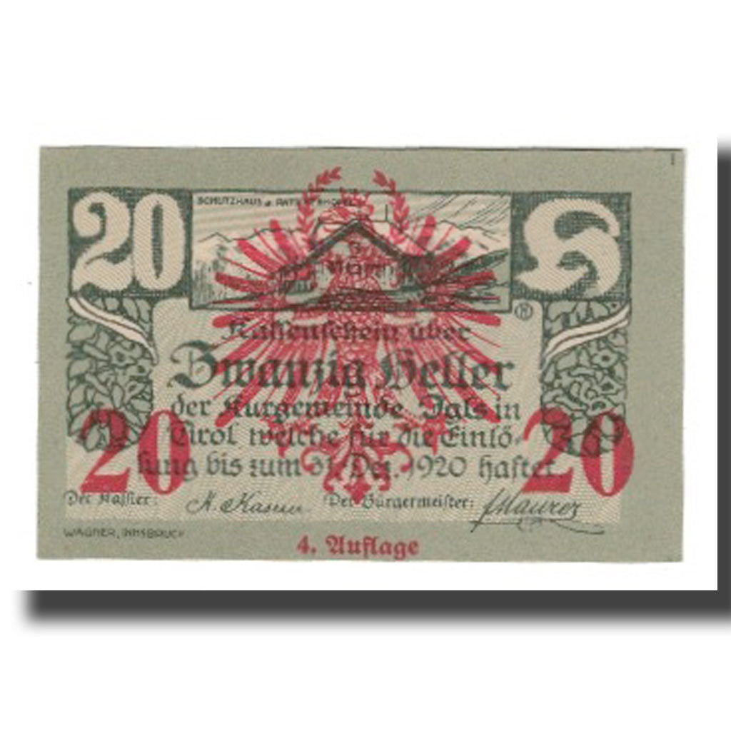 Nota, Áustria, Igls, Tirol, Kurgemeinde, 20 Heller, paysage, 1920, 1920-12-31