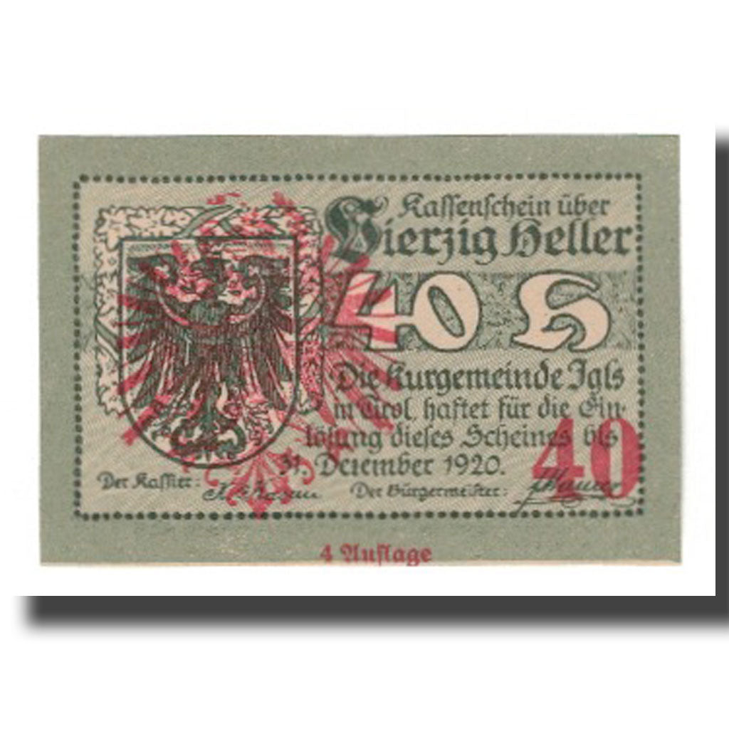 Banknote, Austria, Igls, Tirol, Kurgemeinde, 40 Heller, paysage 1, 1920