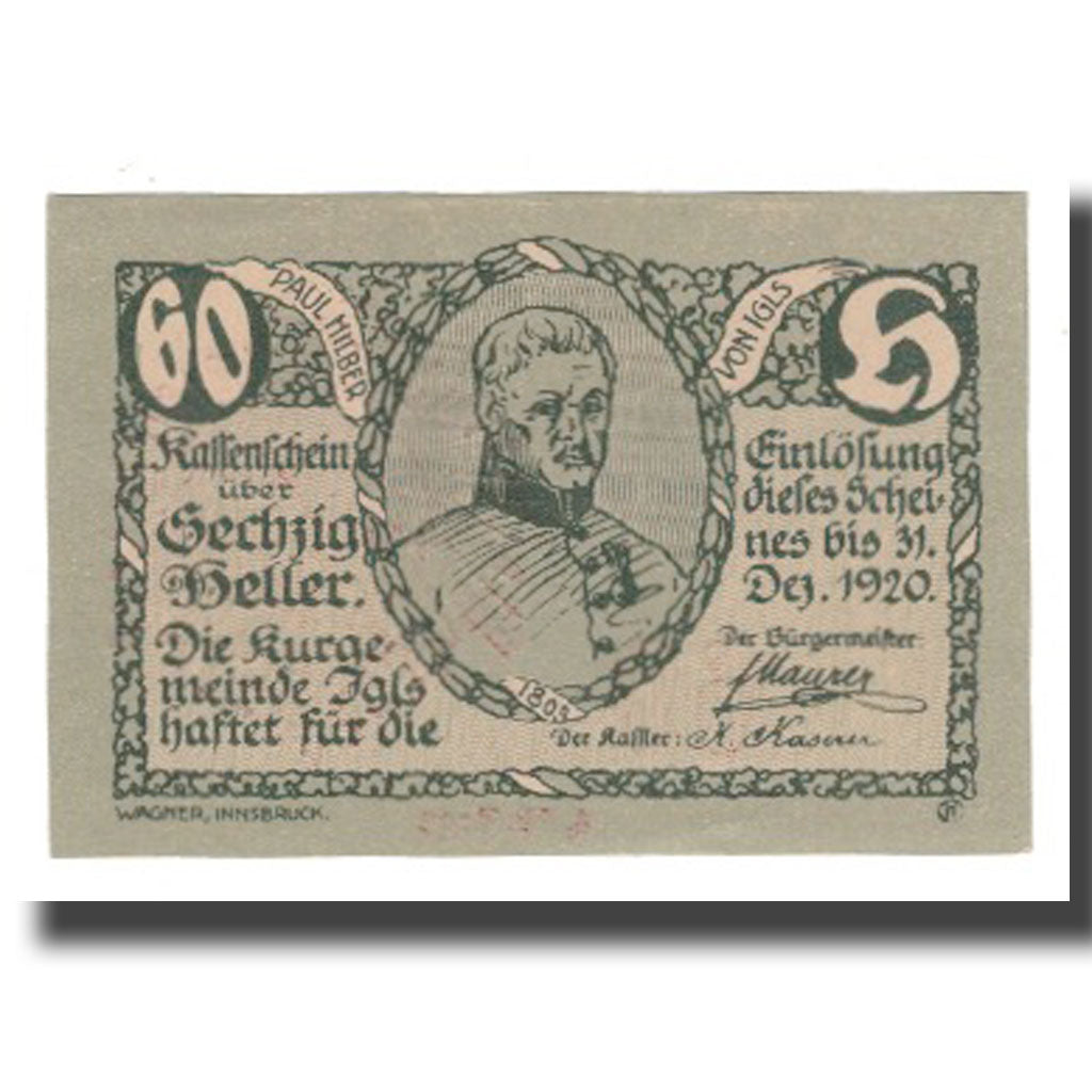 Nota, Áustria, Igls, Tirol, Kurgemeinde, 60 Heller, paysage 2, 1920