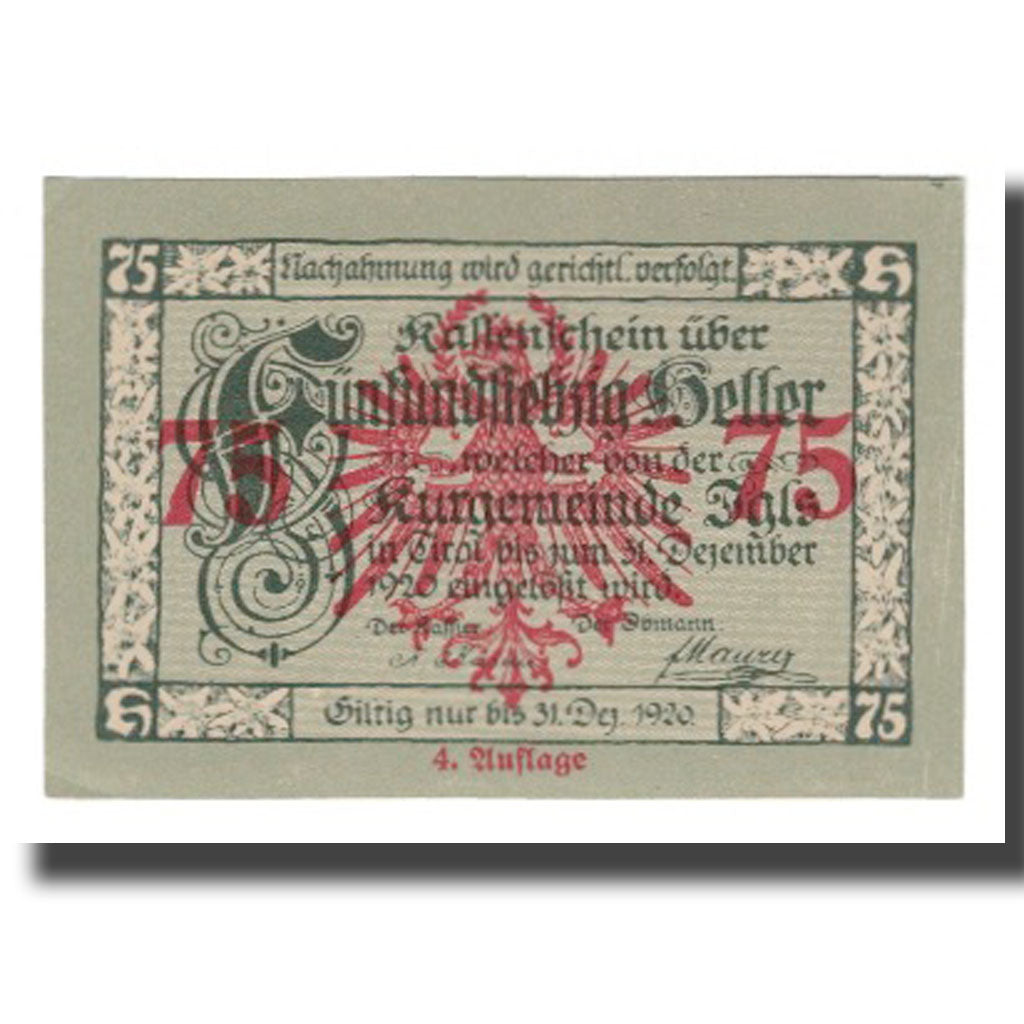 Banknote, Austria, Igls, Tirol, Kurgemeinde, 75 Heller, paysage 3, 1920