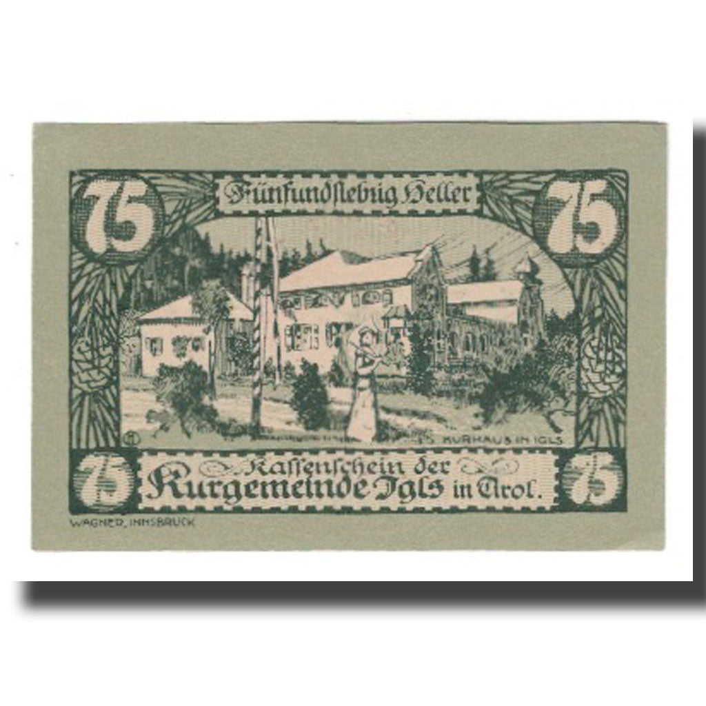 Banknote, Austria, Igls, Tirol, Kurgemeinde, 75 Heller, paysage 3, 1920