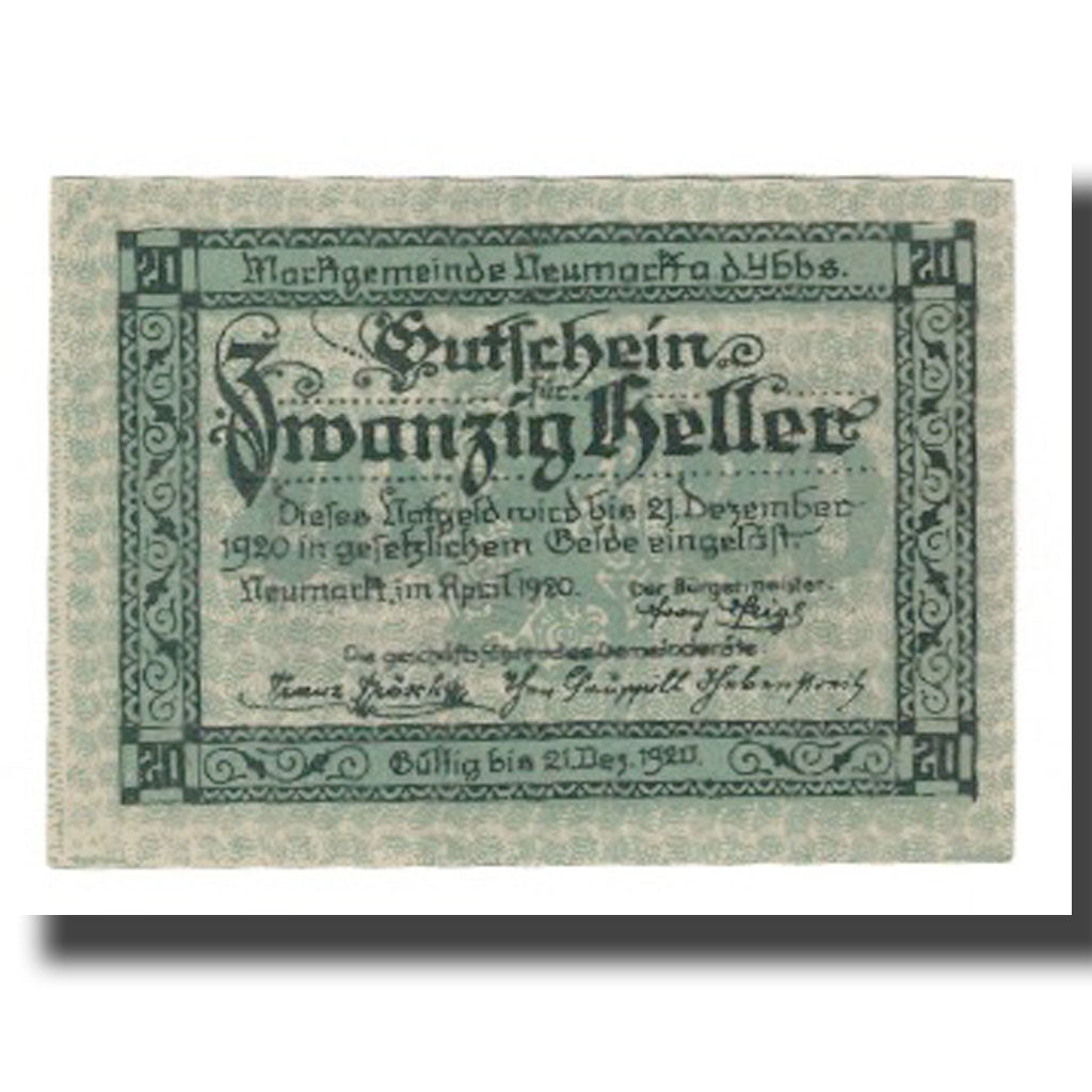 Banknote, Austria, Neumarkt an der Ybbs N.Ö. Marktgemeinde, 20 Heller, rue