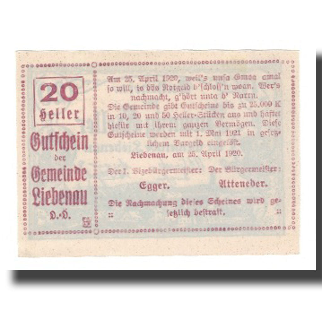 Banknote, Austria, Liebenau, 20 Heller, Texte, 1921, 1921-05-31, UNC(65-70)