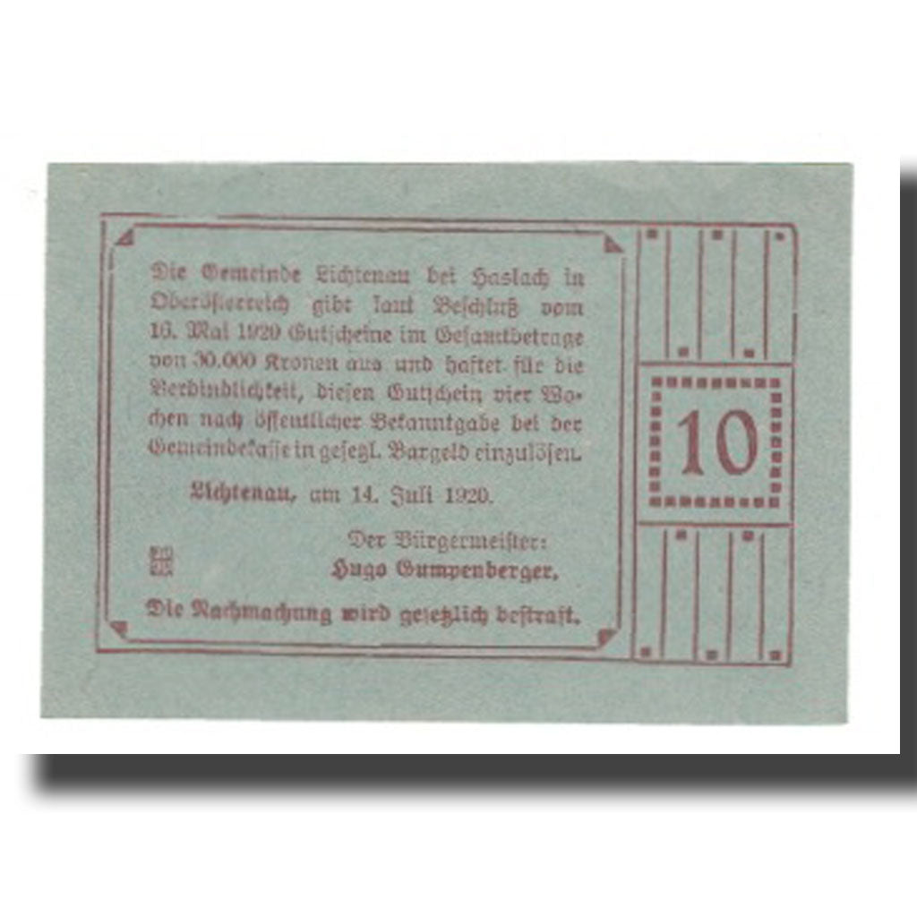 Banknote, Austria, Lichtenau, 10 Heller, Texte, 1920, 1920-07-14, UNC(65-70)