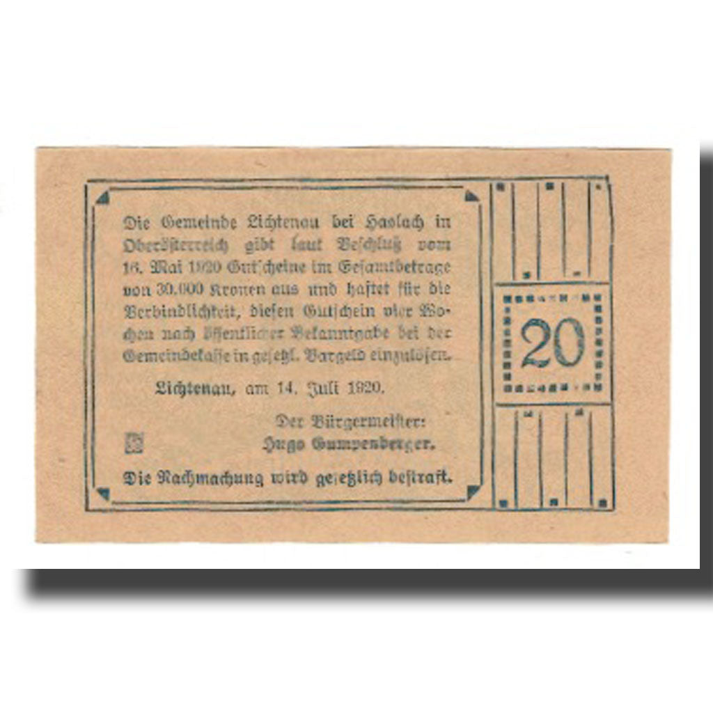 Nota, Áustria, Lichtenau, 20 Heller, texte 1, 1920, 1920-07-14, UNC(65-70)