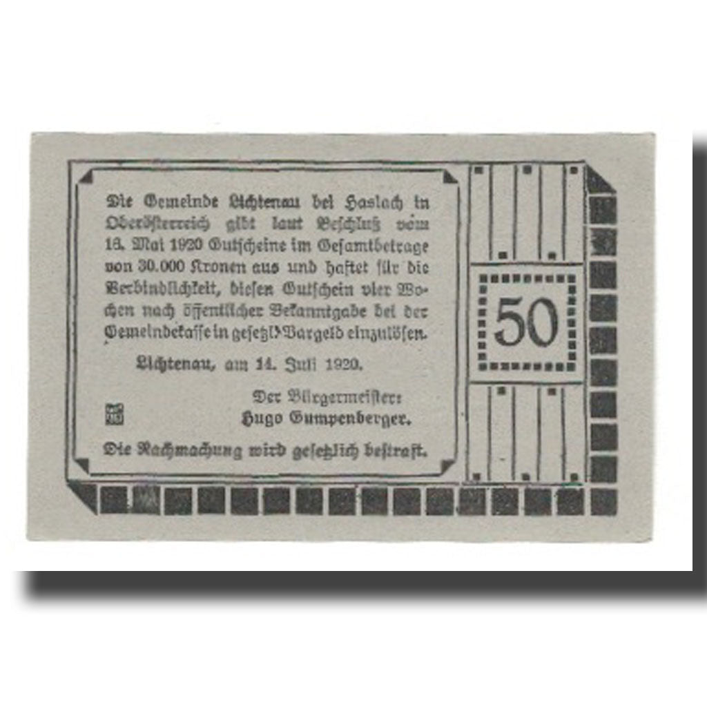 Banknote, Austria, Lichtenau, 50 Heller, Texte 2, 1920, 1920-07-14, UNC(65-70)