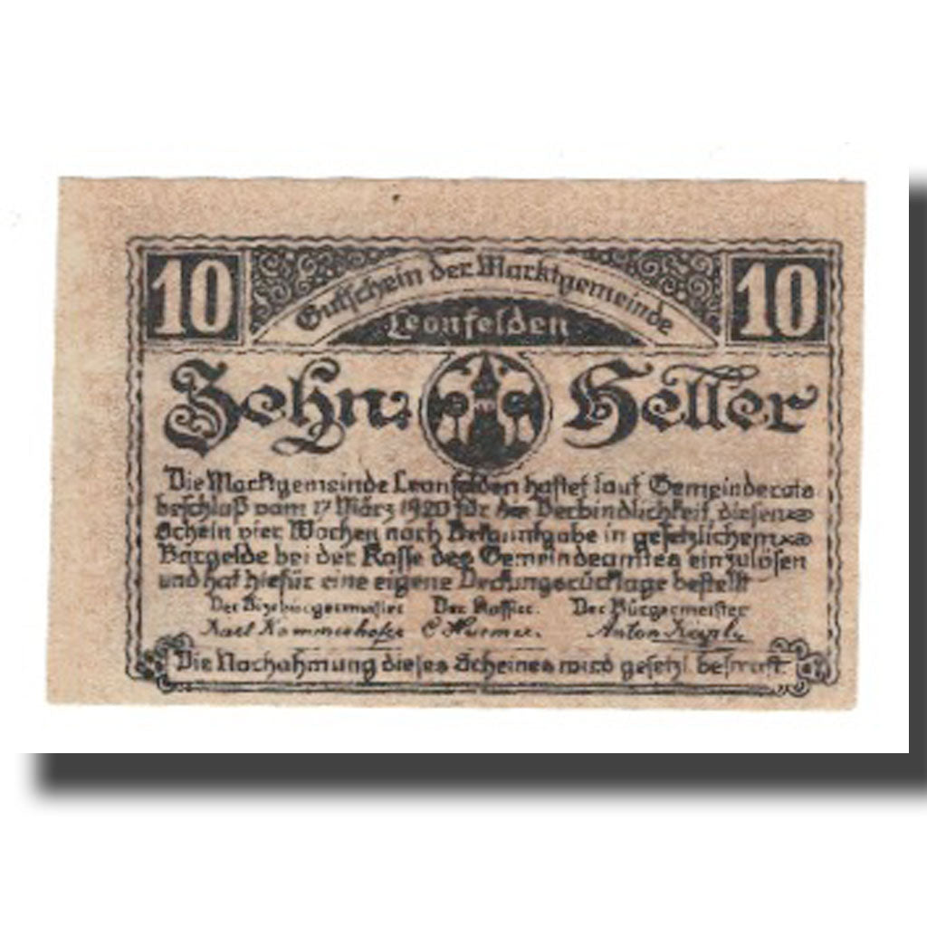 Banknote, Austria, Leonfelden O.Ö. Marktgemeinde, 10 Heller, village, 1920