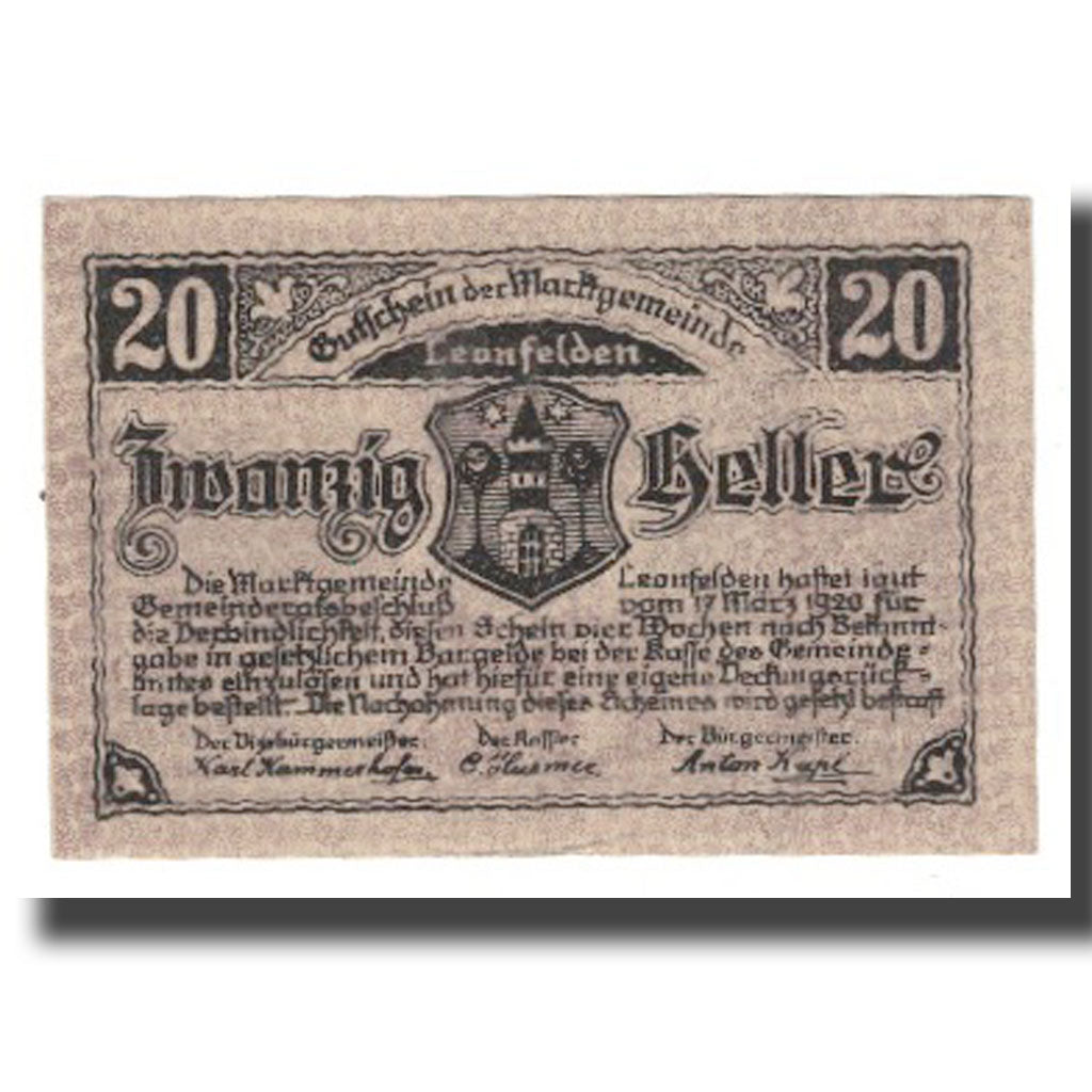 Banknote, Austria, Leonfelden O.Ö. Marktgemeinde, 20 Heller, village 1, 1920