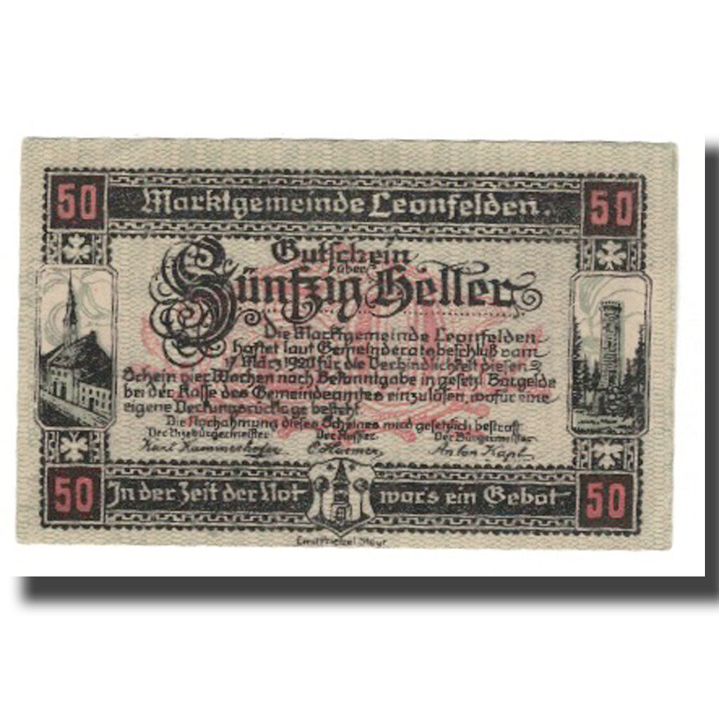 Banknote, Austria, Leonfelden O.Ö. Marktgemeinde, 50 Heller, paysage, 1920