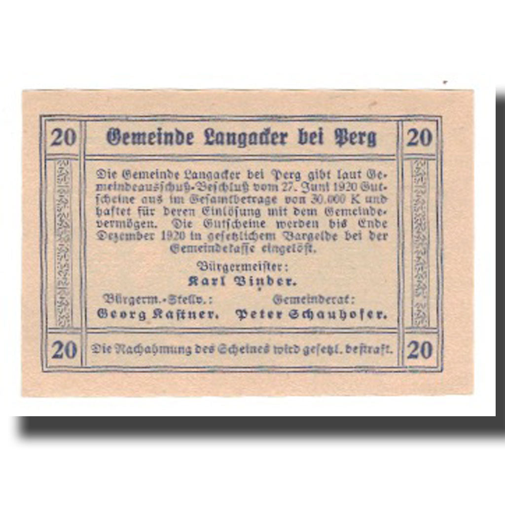 Billete, Austria, Langacker bei Perg O.Ö. Gemeinde, 20 Heller, Texte, 1920