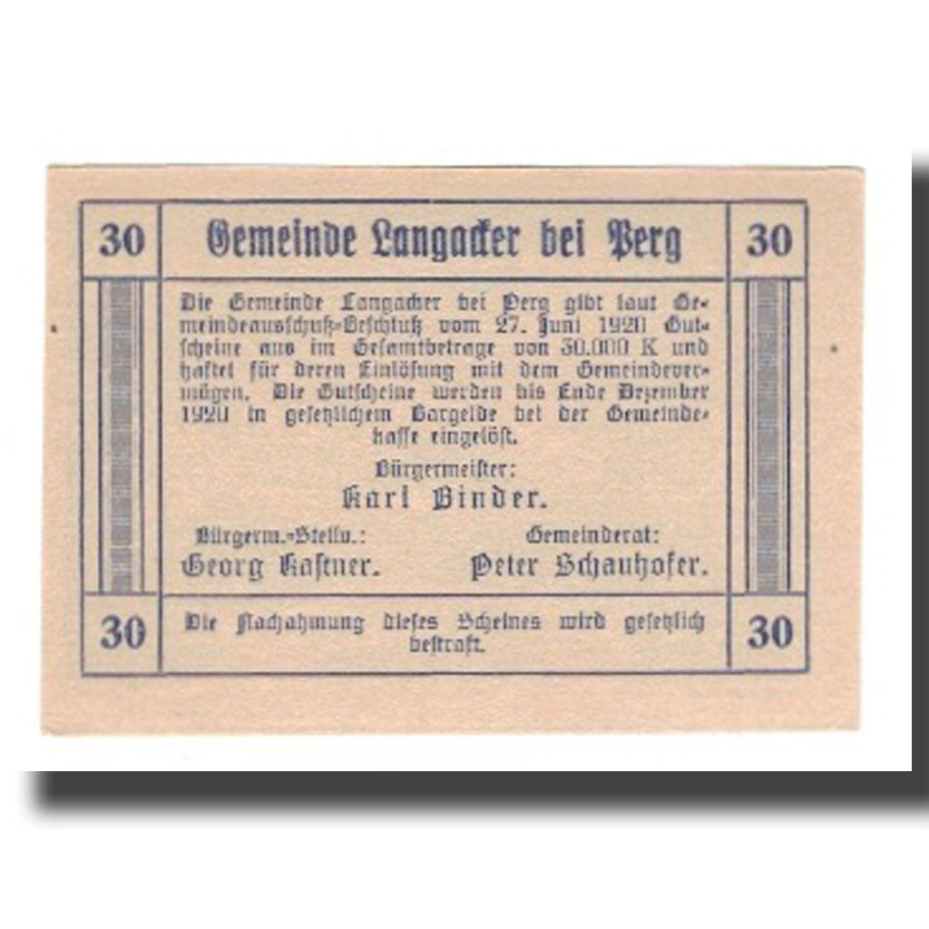Billete, Austria, Langacker bei Perg O.Ö. Gemeinde, 30 Heller, texte 1, 1920