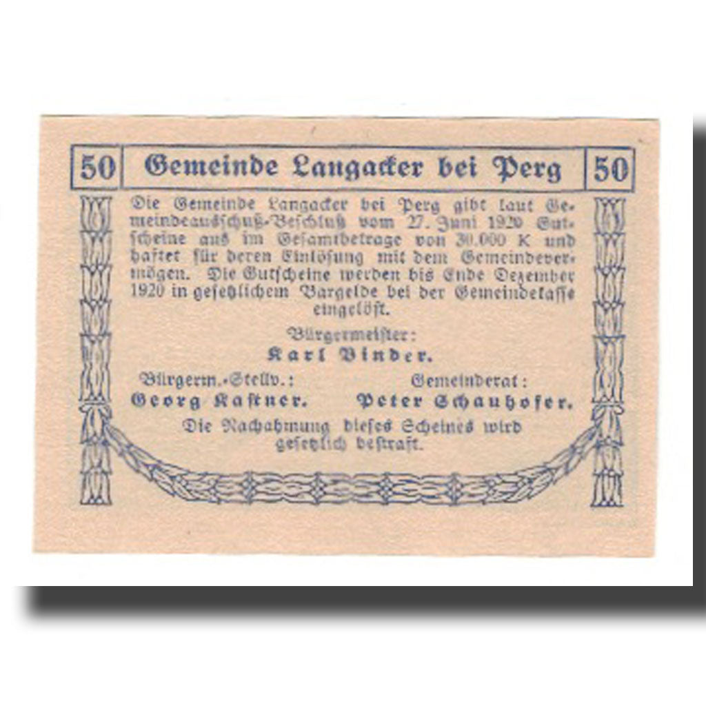 Billete, Austria, Langacker bei Perg O.Ö. Gemeinde, 50 Heller, Texte 2, 1920