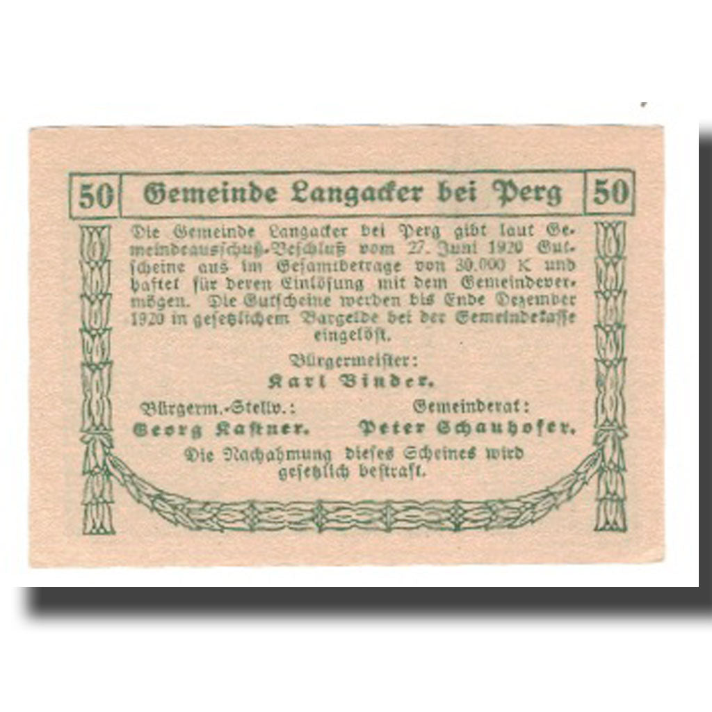 Nota, Áustria, Langacker bei Perg O.Ö. Gemeinde, 50 Heller, Texte 3, 1920
