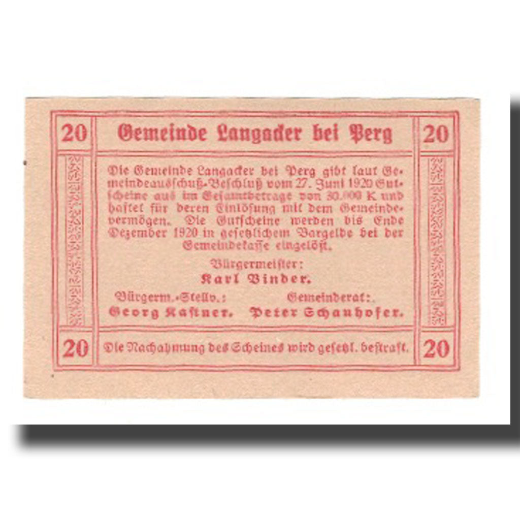 Billete, Austria, Langacker bei Perg O.Ö. Gemeinde, 20 Heller, Texte 4, 1920