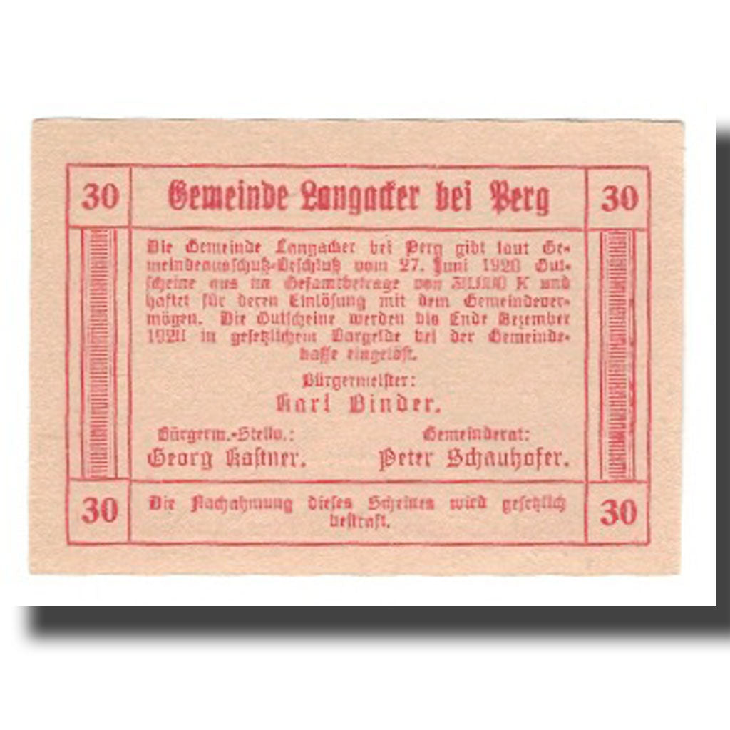 Billete, Austria, Langacker bei Perg O.Ö. Gemeinde, 30 Heller, Texte  5, 1920