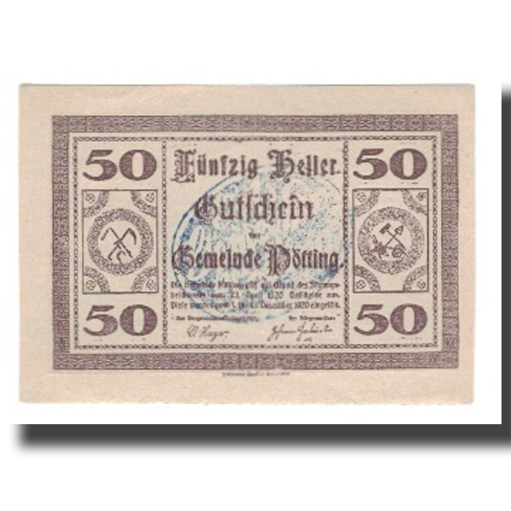 Nota, Áustria, Pötting, 50 Heller, paysage, 1921, 1921-10-31, UNC(65-70)