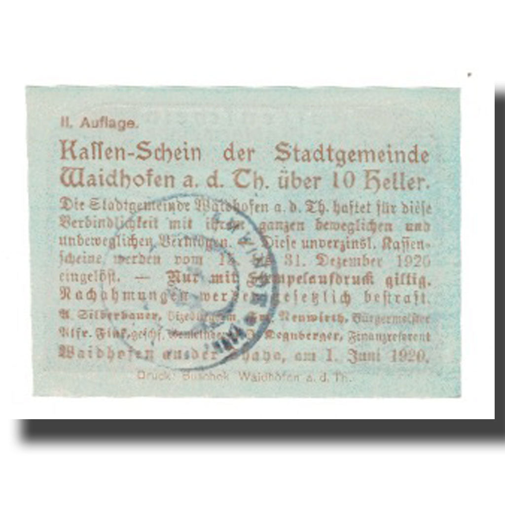 Banconote, Austria, Waidhofen An Der Thaya N.Ö. Stadtgemeinde, 10 Heller