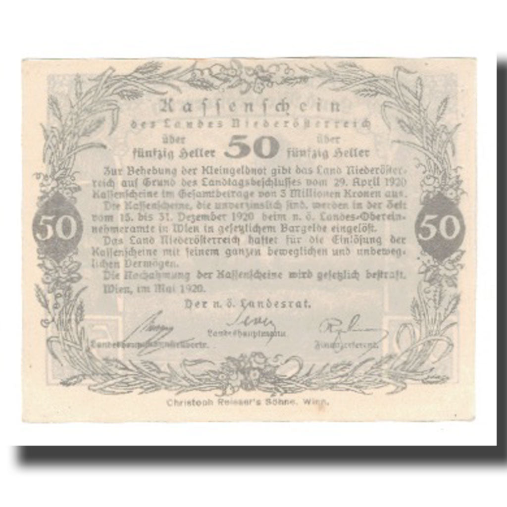 Geldschein, Österreich, Niederösterreich N.Ö. Land, 50 Heller, Texte, 1920