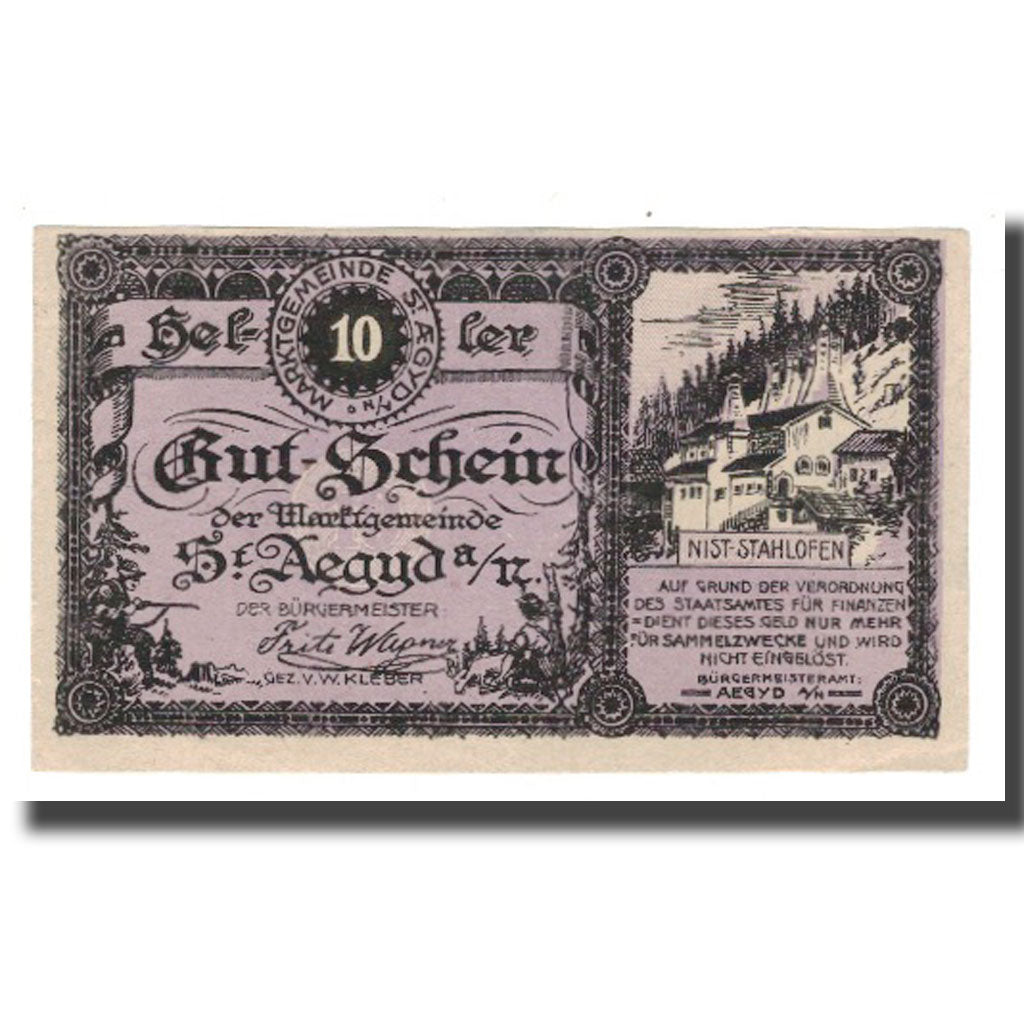 Nota, Áustria, St. Aegyd Am Neuwald, 10 Heller, N.D, UNC(65-70), Mehl:FS 876a