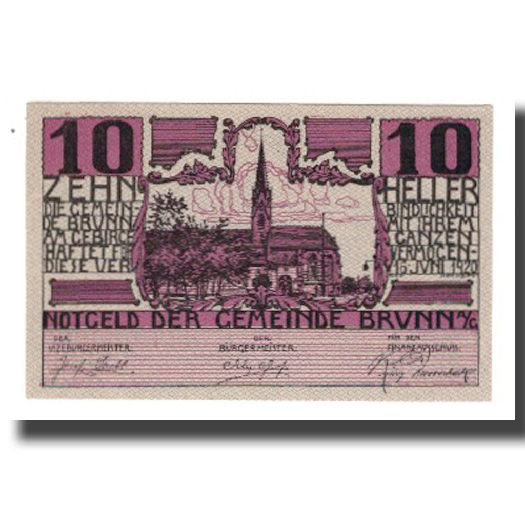 Banknote, Austria, Brunn am Gebirge N.Ö. Marktgemeinde, 10 Heller, Texte, 1920
