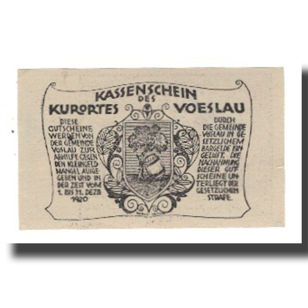 Banknote, Austria, Vöslau N.Ö. Gemeinde, 50 Heller, Blason, 1920, 1920-12-31