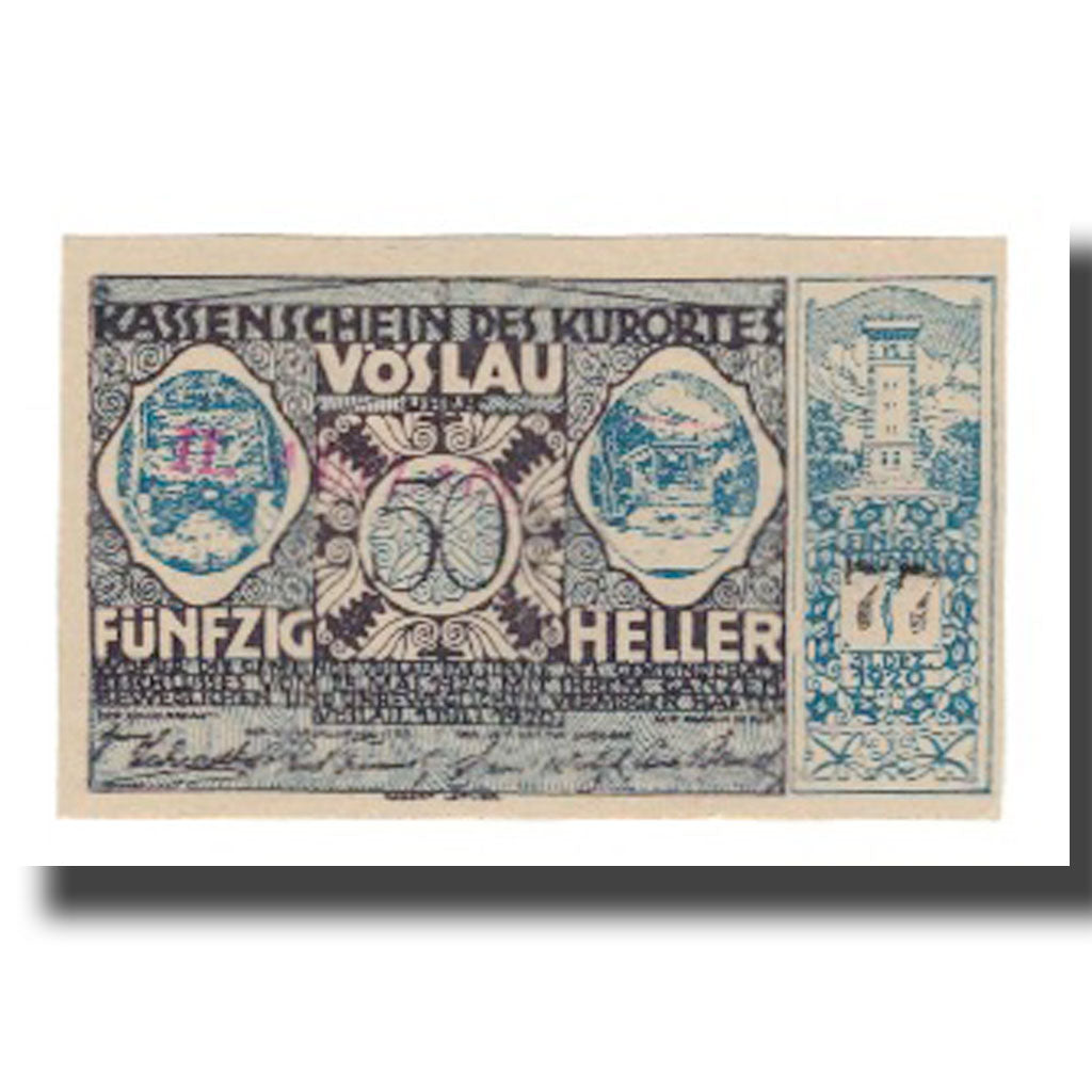 Nota, Áustria, Vöslau N.Ö. Gemeinde, 50 Heller, Blason 1, 1920, 1920-12-31