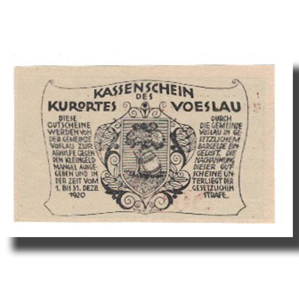 Nota, Áustria, Vöslau N.Ö. Gemeinde, 50 Heller, Blason 2, 1920, 1920-12-31