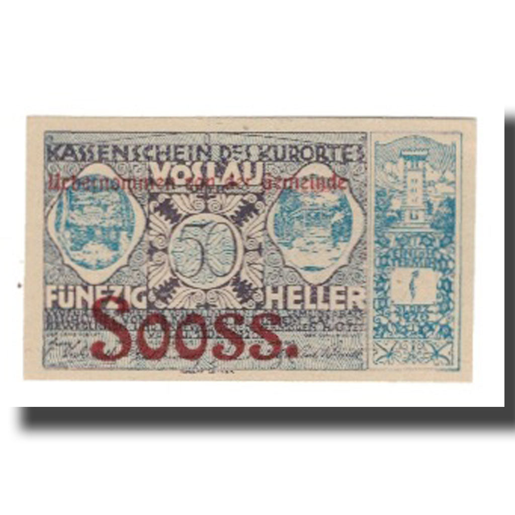 Nota, Áustria, Vöslau N.Ö. Gemeinde, 50 Heller, Blason 3, 1920, 1920-12-31