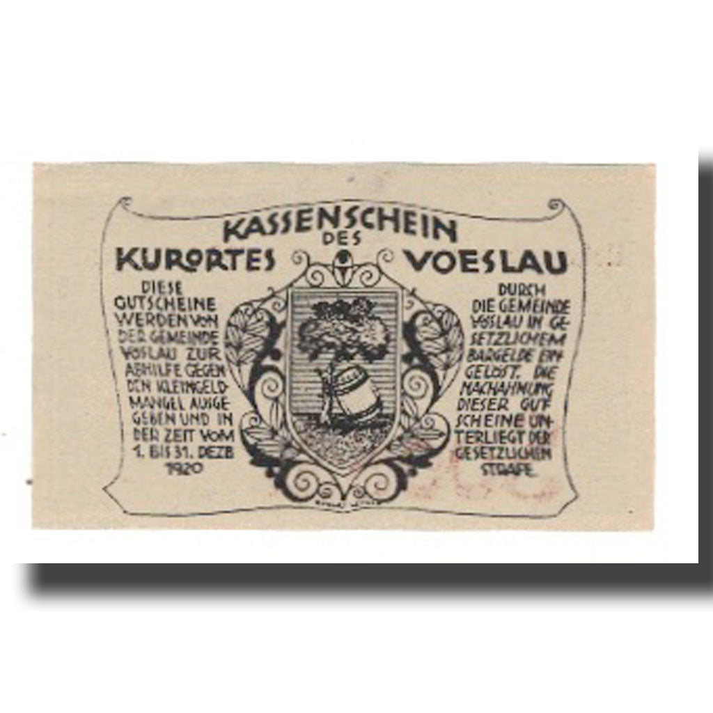 Nota, Áustria, Vöslau N.Ö. Gemeinde, 50 Heller, Blason 3, 1920, 1920-12-31