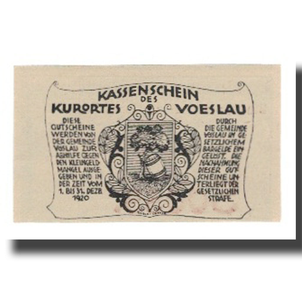 Banknote, Austria, Vöslau N.Ö. Gemeinde, 50 Heller, Blason 4, 1920
