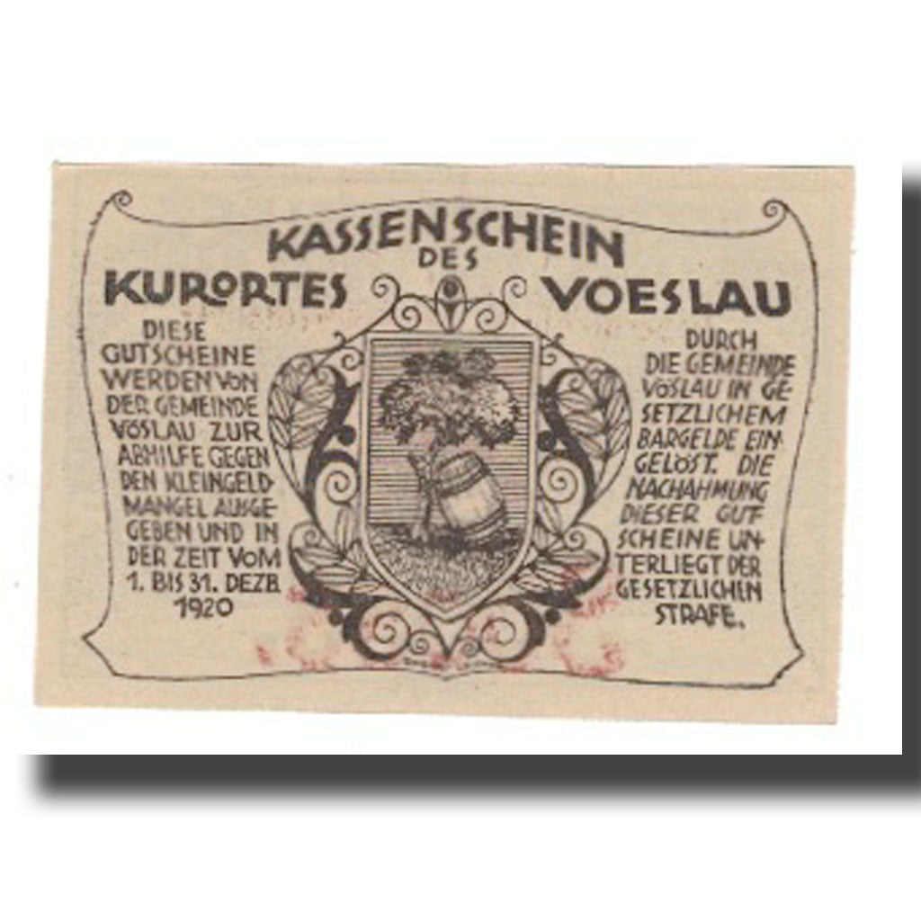 Banknote, Austria, Vöslau N.Ö. Gemeinde, 20 Heller, Blason 6, 1920