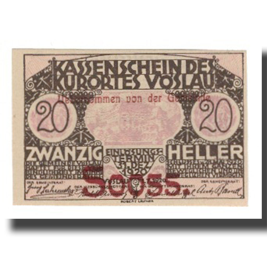 Banknote, Austria, Vöslau N.Ö. Gemeinde, 20 Heller, Blason 7, 1920