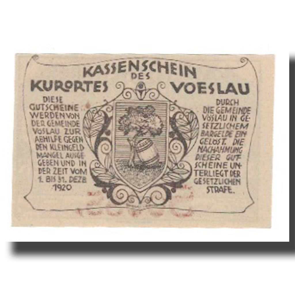 Banknote, Austria, Vöslau N.Ö. Gemeinde, 20 Heller, Blason 7, 1920